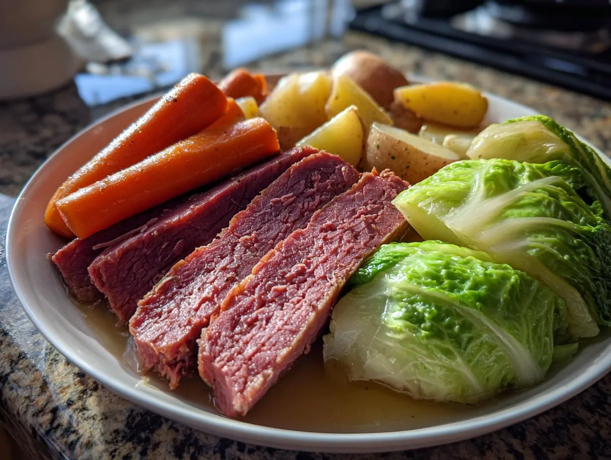 A plate featuring sliced corned beef and cabbage, alongside boiled carrots and potatoes, ready to eat.