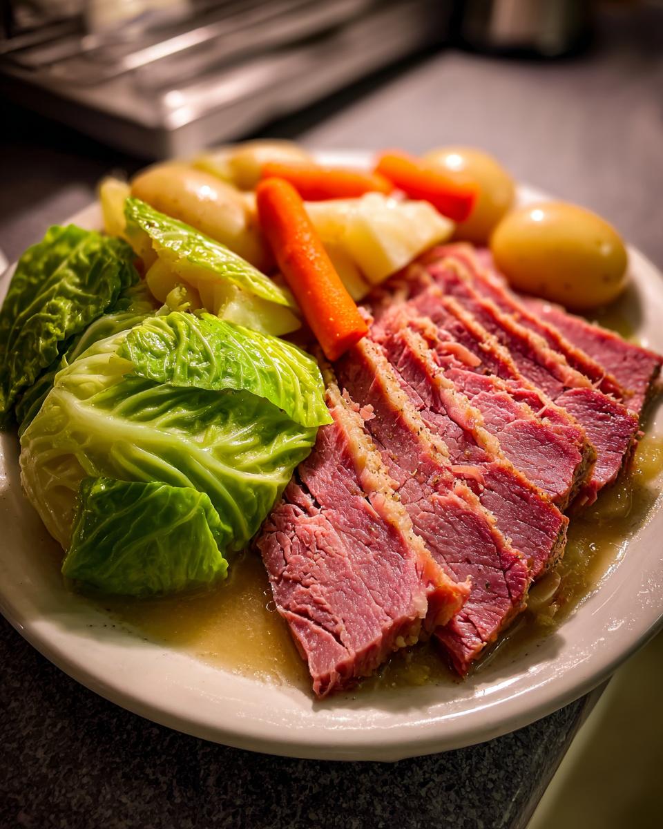 A plate featuring sliced corned beef and cabbage, served with boiled potatoes and carrots.