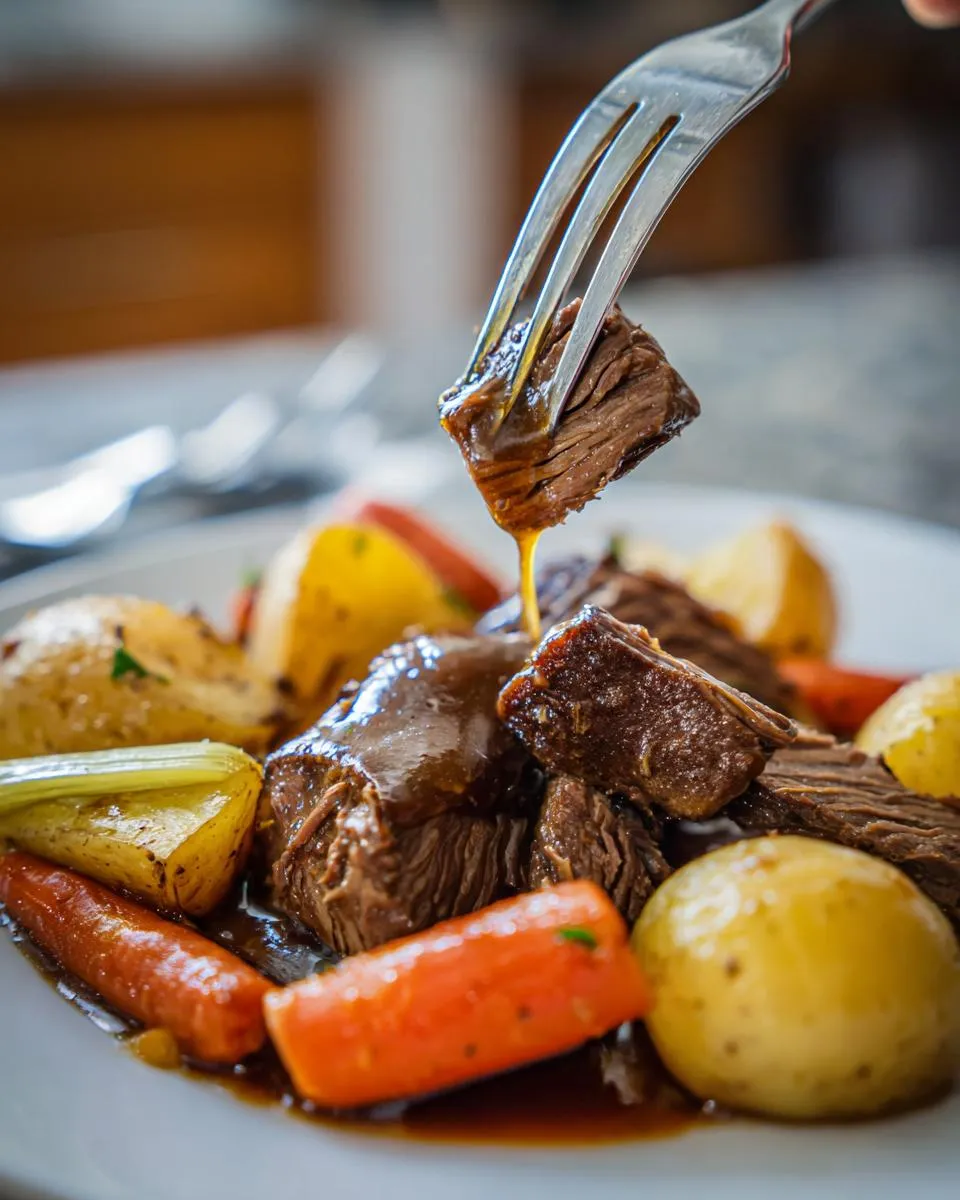 A fork lifts a piece of tender pot roast drizzled with gravy, served with potatoes and carrots.