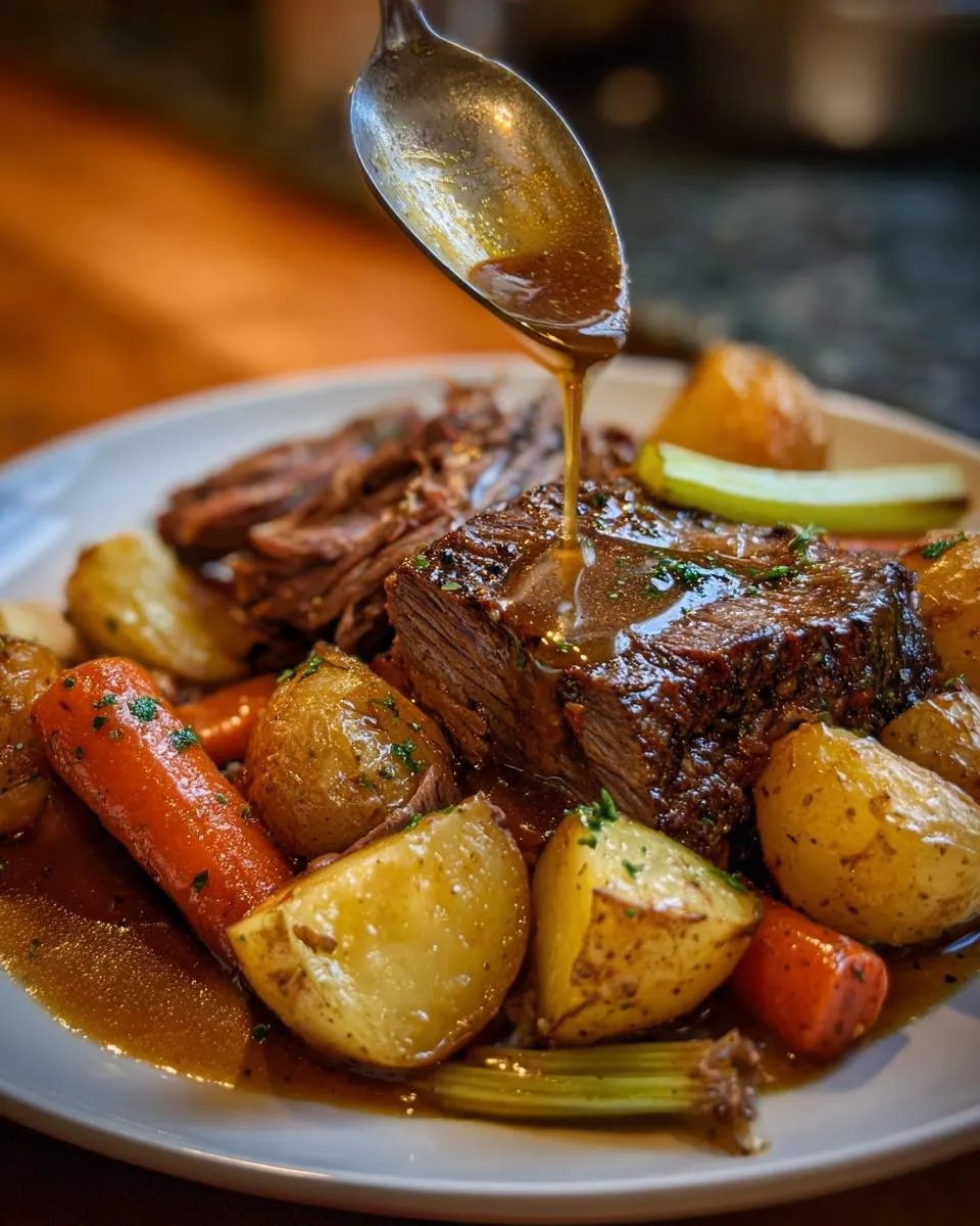 A close-up of a tender pot roast being drizzled with rich gravy, surrounded by roasted potatoes, carrots, and celery.