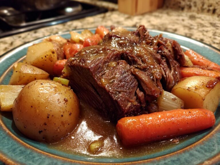 A hearty serving of tender pot roast with roasted potatoes and carrots in a rich gravy.