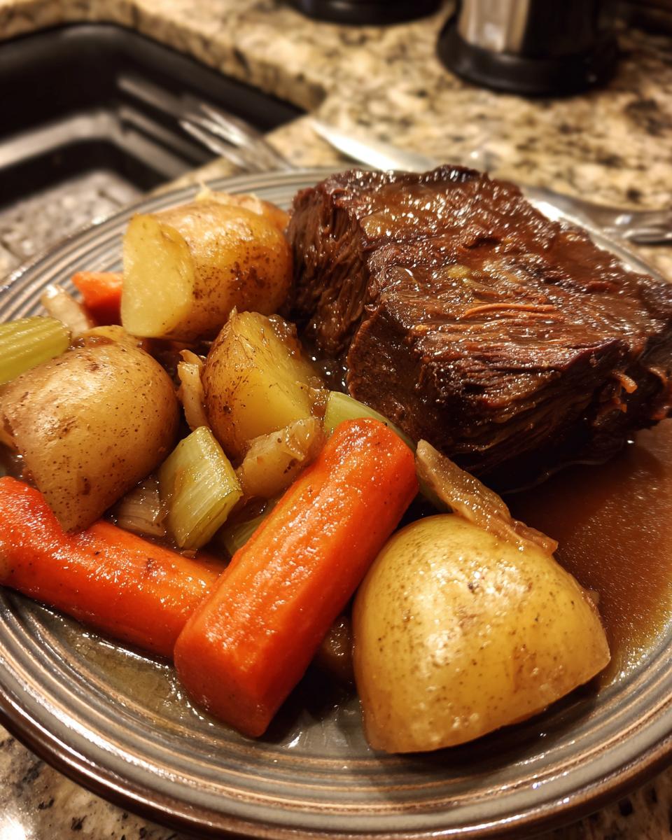 A plate of delicious pot roast served with tender carrots, potatoes, and celery in a rich gravy.