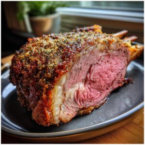A perfectly cooked Prime Rib Roast with a golden-brown crust and juicy pink interior, served on a dark plate.