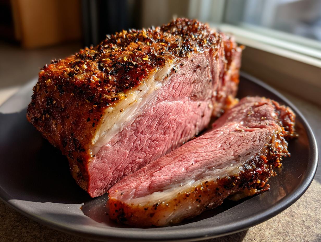 A perfectly cooked prime rib roast, sliced to reveal a juicy pink interior and a flavorful crust.