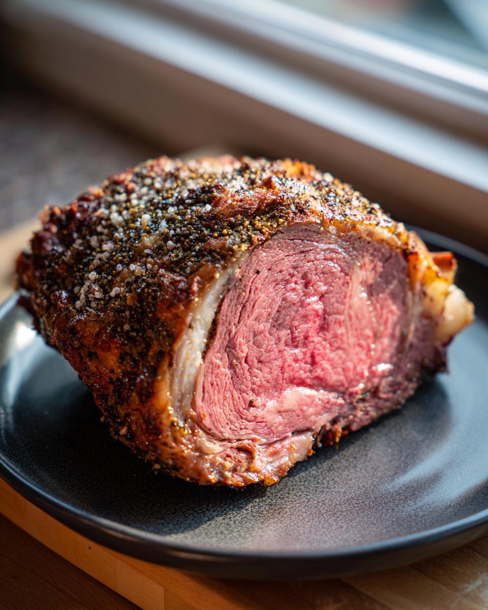 A juicy, pink slice of prime rib roast with a seasoned crust on a dark plate.