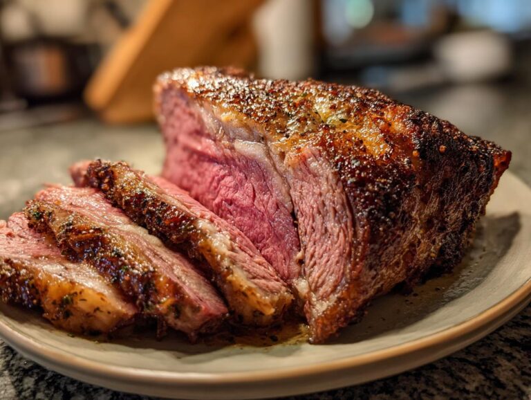 A juicy and tender prime rib roast, sliced to reveal a beautiful pink interior and a perfectly seared crust.