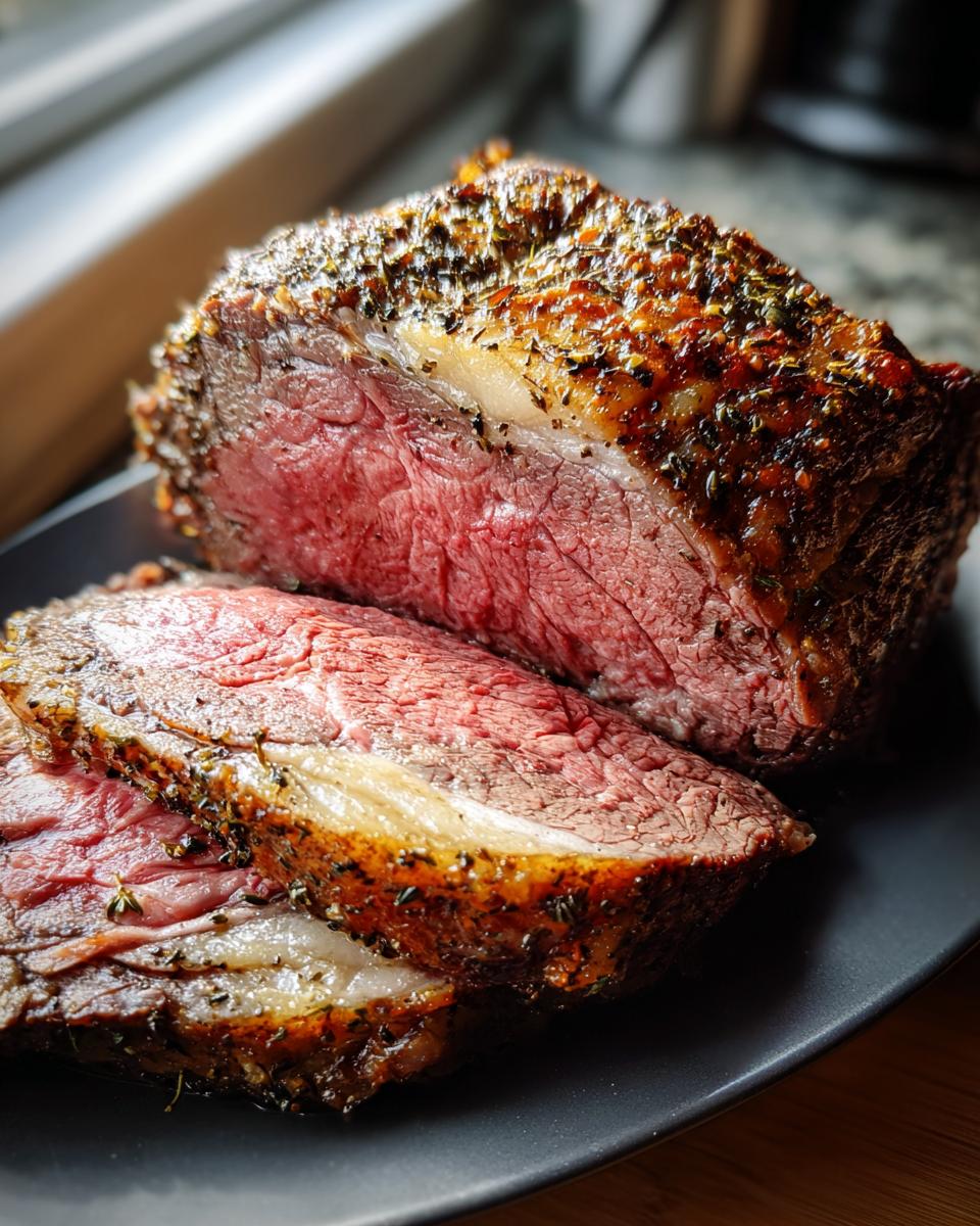 A juicy, pink prime rib roast sliced on a dark plate, with a seasoned, browned crust.