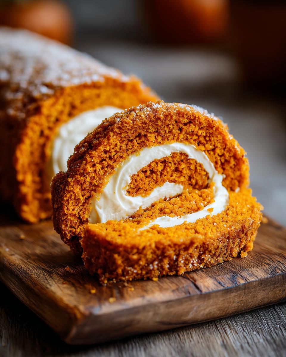 A slice of moist pumpkin roll with a swirl of cream cheese filling, dusted with powdered sugar.