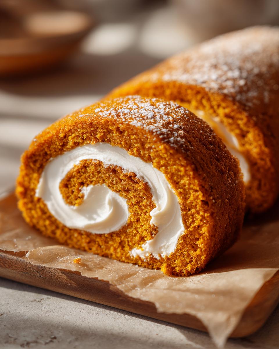 Close-up of a slice of a festive pumpkin roll cake, showcasing its orange sponge and white cream swirl, dusted with powdered sugar.