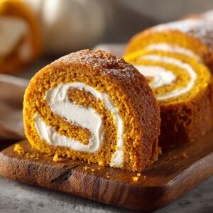 Close-up of a slice of pumpkin roll cake with a swirl of cream filling, dusted with powdered sugar.
