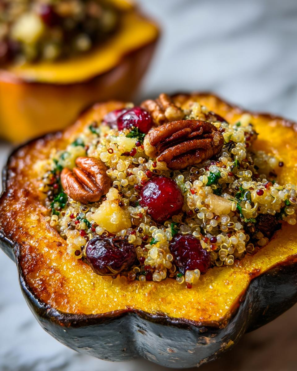A close-up of a roasted acorn squash half filled with colorful Quinoa stuffed acorn squash mix, topped with pecans and cranberries.