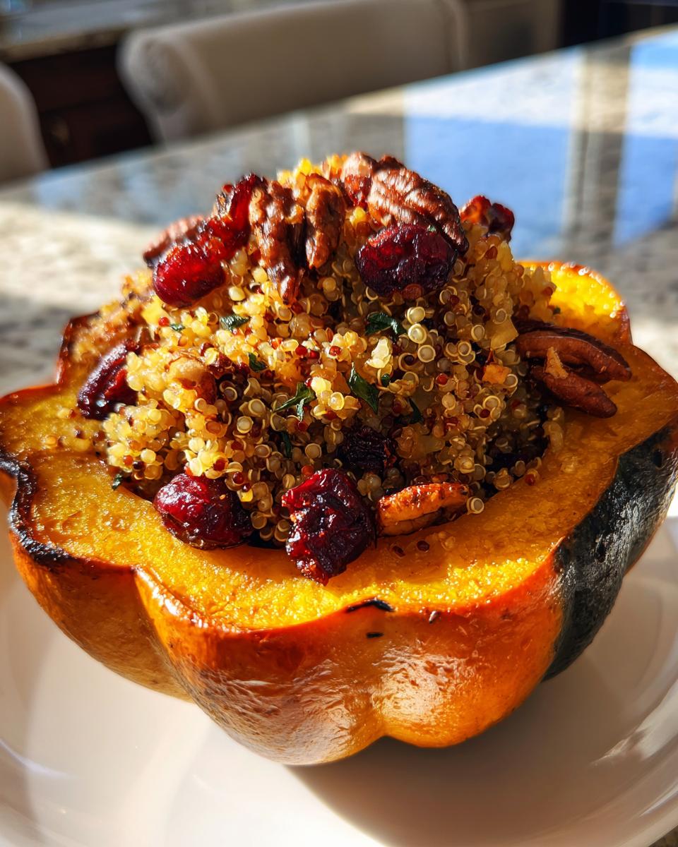 A close-up of a roasted acorn squash half filled with colorful quinoa stuffing, topped with pecans and dried cranberries.