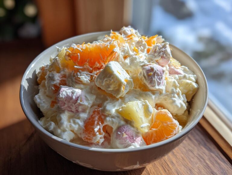 A close-up of a bowl filled with fluffy Ambrosia salad, featuring mandarin oranges, pineapple chunks, marshmallows, and shredded coconut.