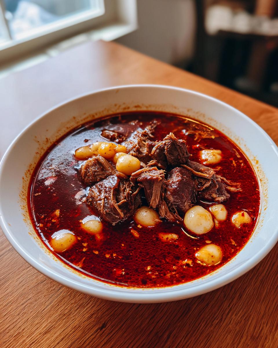 Close-up of a white bowl filled with rich, dark red Pozole rojo, featuring shredded meat and large hominy kernels.