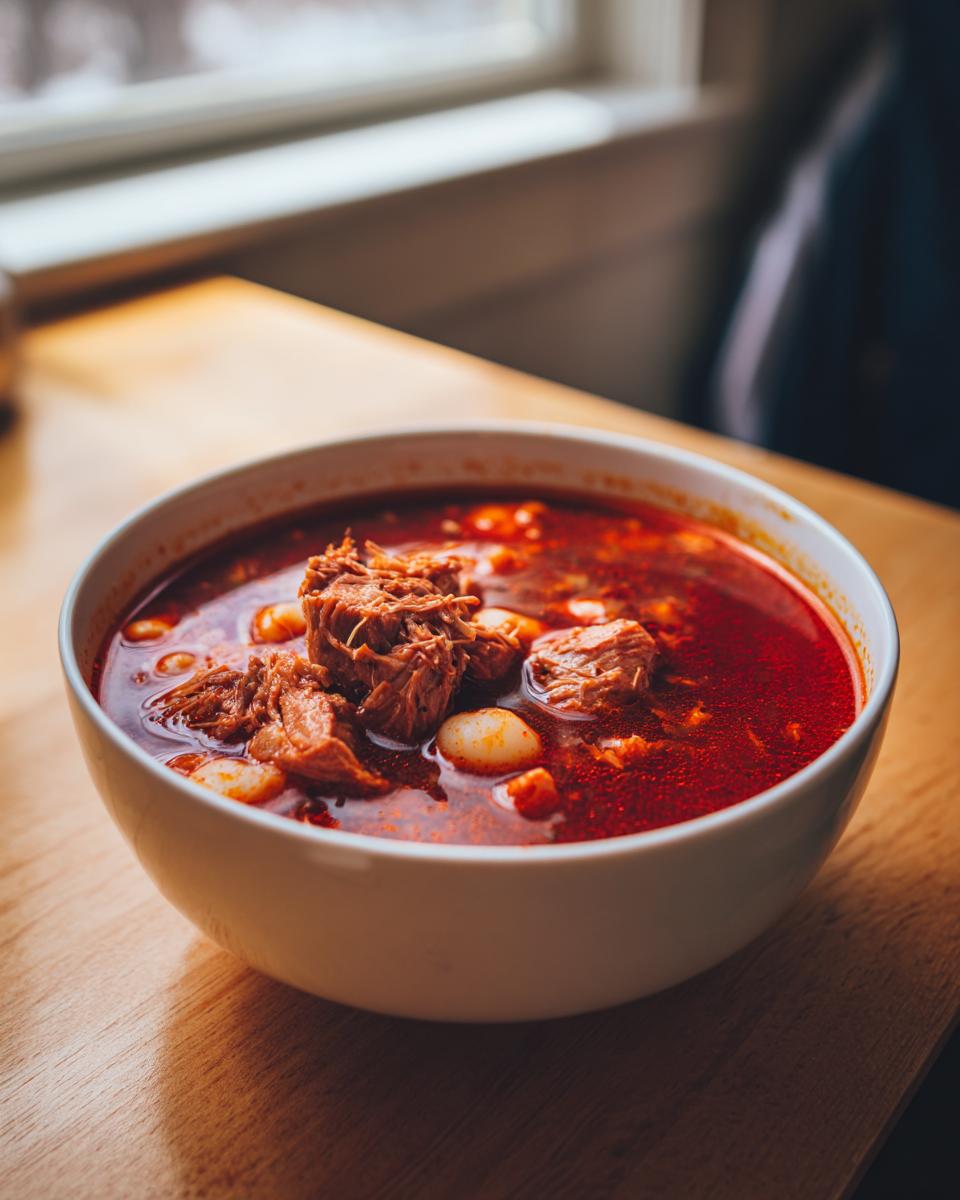 Close-up of a white bowl filled with rich red Pozole rojo, featuring shredded meat and hominy kernels.