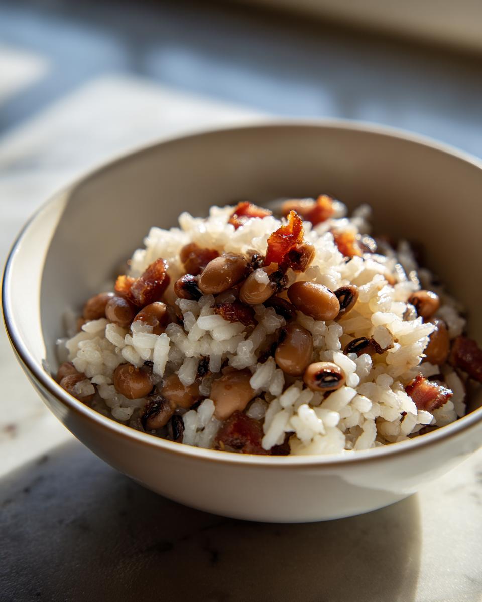 Close-up of a bowl filled with Hoppin’ John, featuring black-eyed peas mixed with white rice and crispy bacon pieces.