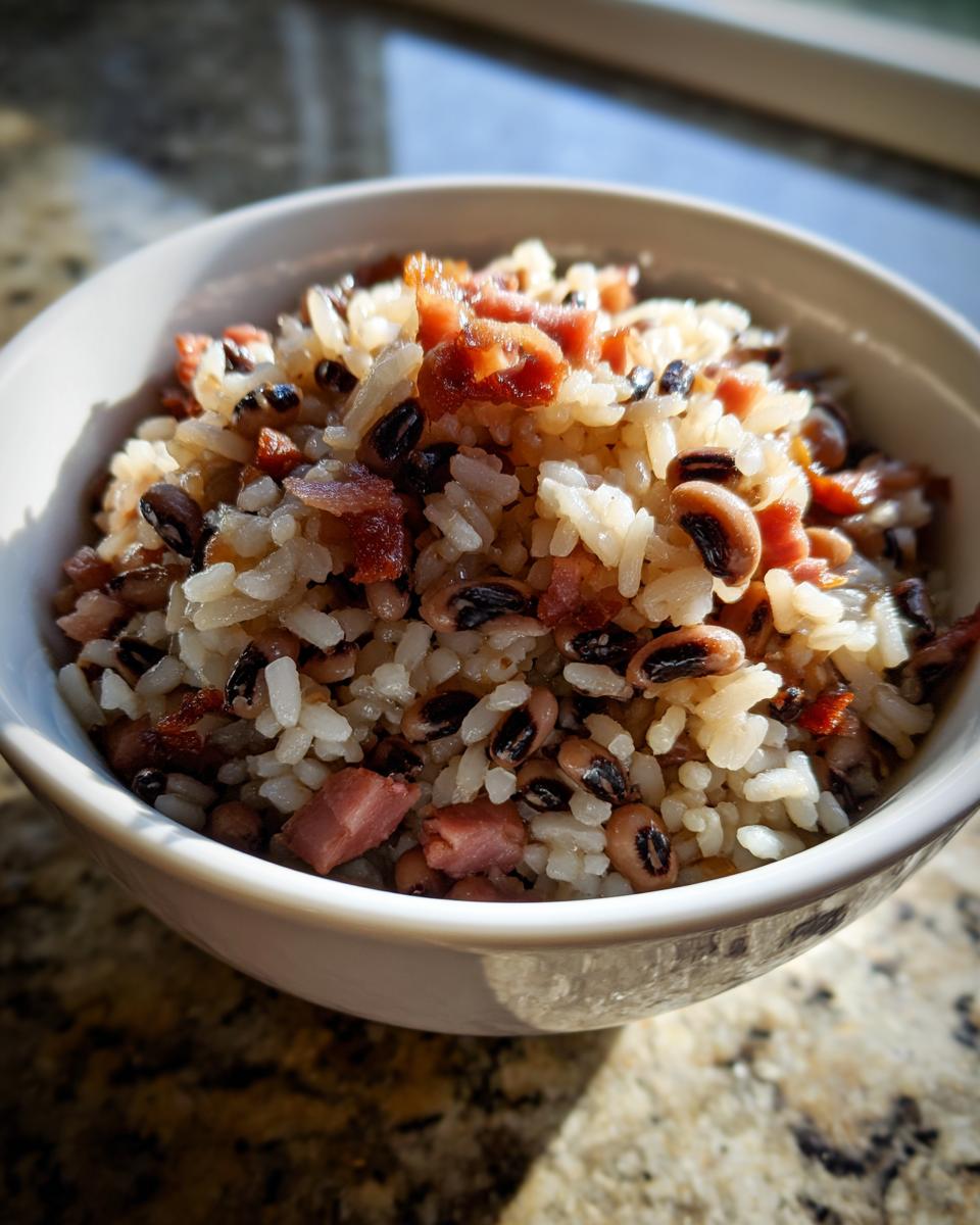 Close-up of a white bowl filled with savory Hoppin’ John, featuring rice, black-eyed peas, and bits of bacon.