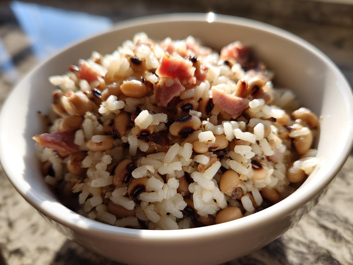 Close-up of a white bowl filled with Hoppin’ John, featuring black-eyed peas mixed with white rice and pieces of ham or bacon.