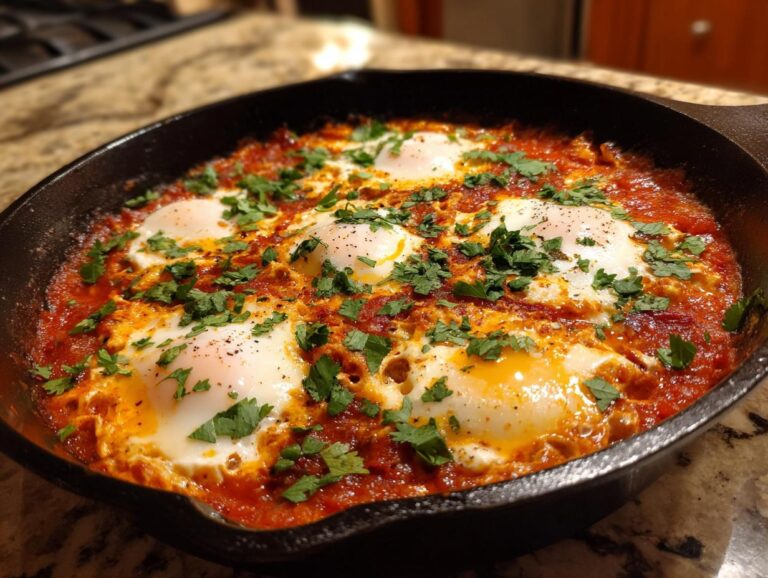 A close-up of a cast-iron skillet filled with bubbling Shakshuka, featuring six perfectly poached eggs in a rich tomato sauce, garnished with fresh parsley.