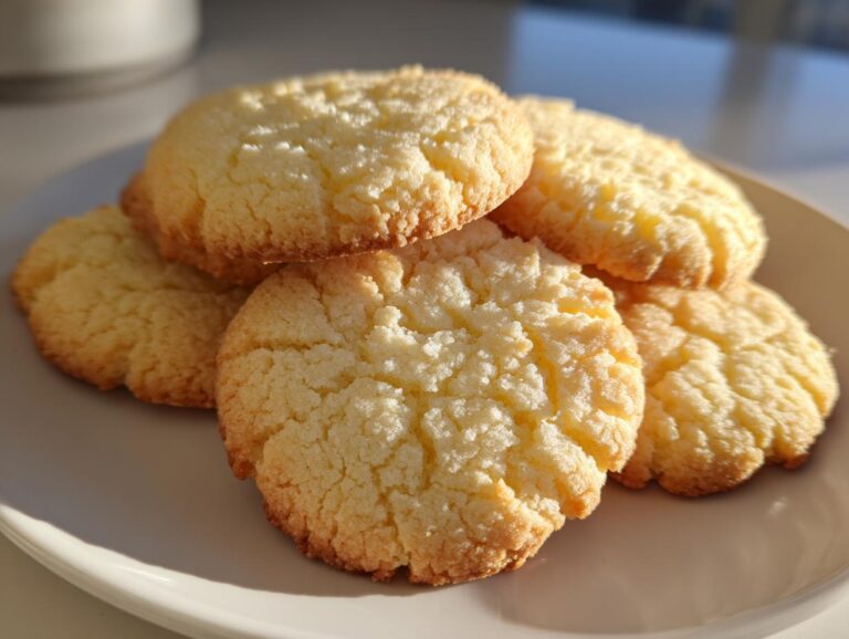 A close-up of golden-brown shortbread cookies piled on a light-colored plate, bathed in natural light.