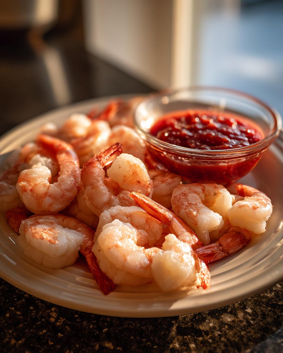Plate of classic shrimp cocktail with a small bowl of cocktail sauce.