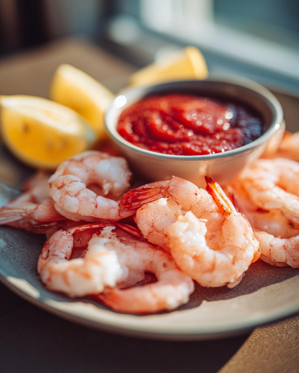 A plate of classic shrimp cocktail with a side of cocktail sauce and lemon wedges.