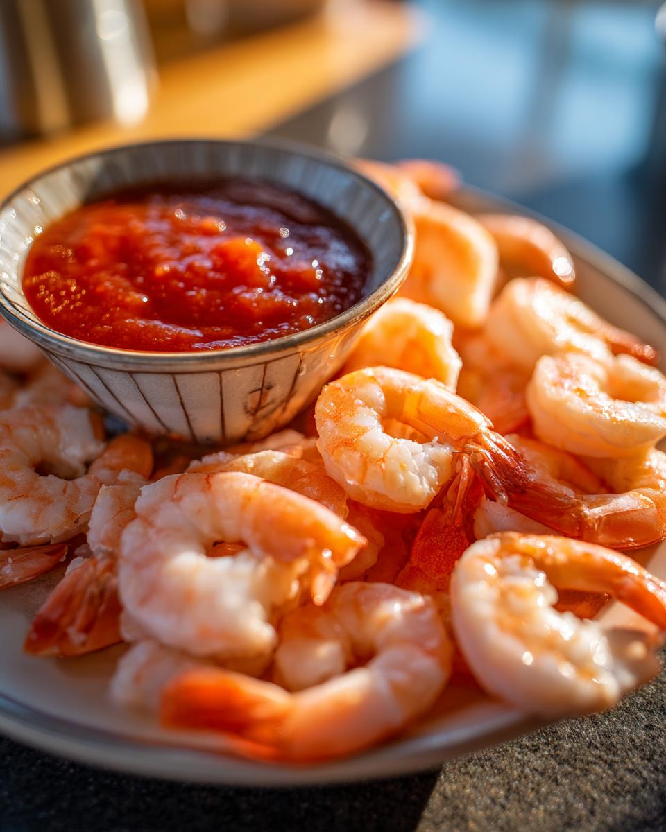 A close-up of a platter filled with succulent shrimp cocktail and a bowl of vibrant red cocktail sauce.