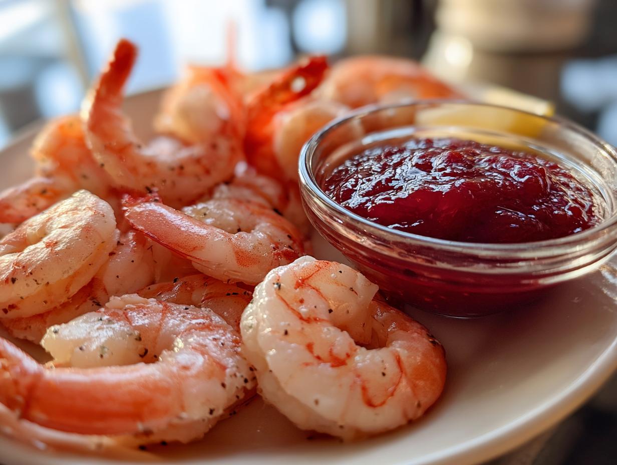 A close-up of a classic shrimp cocktail appetizer with plump, pink shrimp surrounding a bowl of red cocktail sauce.