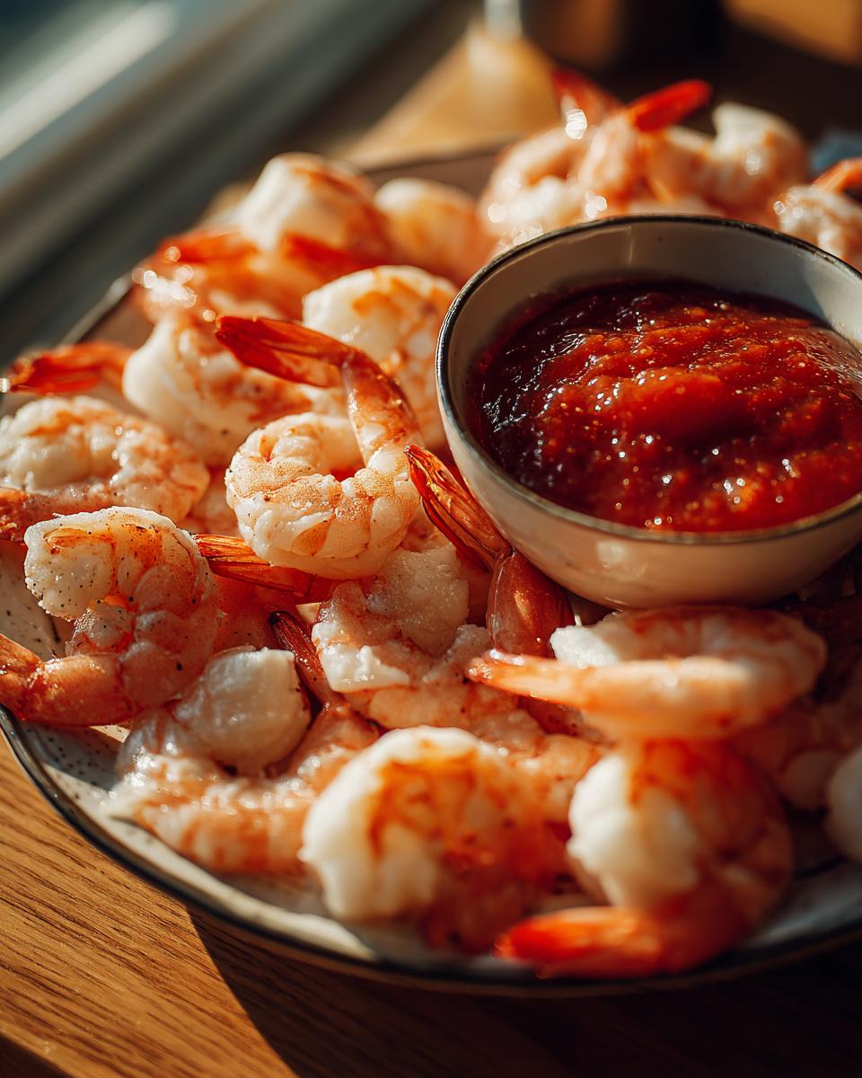 A close-up of a platter filled with classic shrimp cocktail, served with a bowl of vibrant red cocktail sauce.