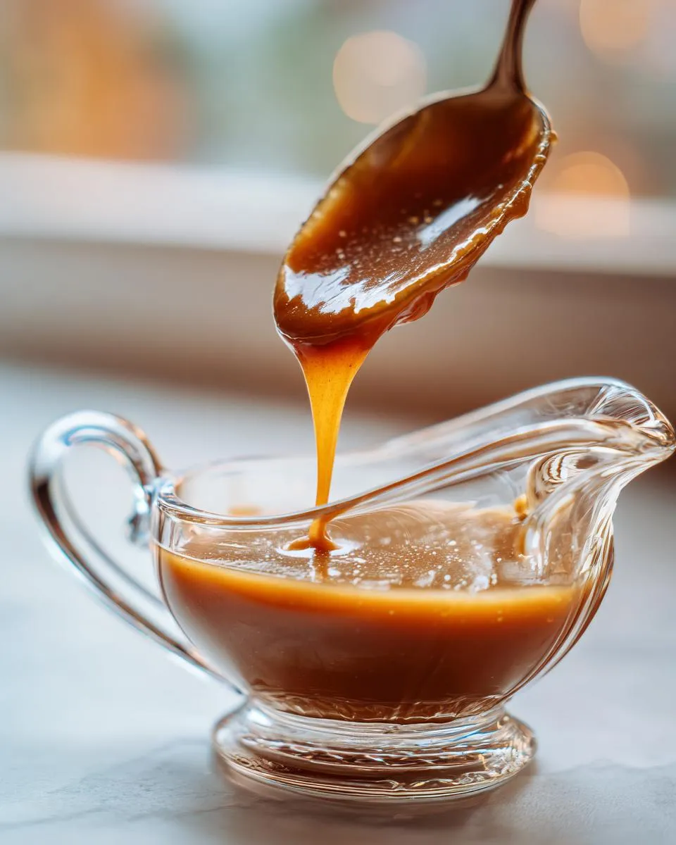 A spoonful of rich, silky turkey gravy is poured into a clear glass gravy boat.