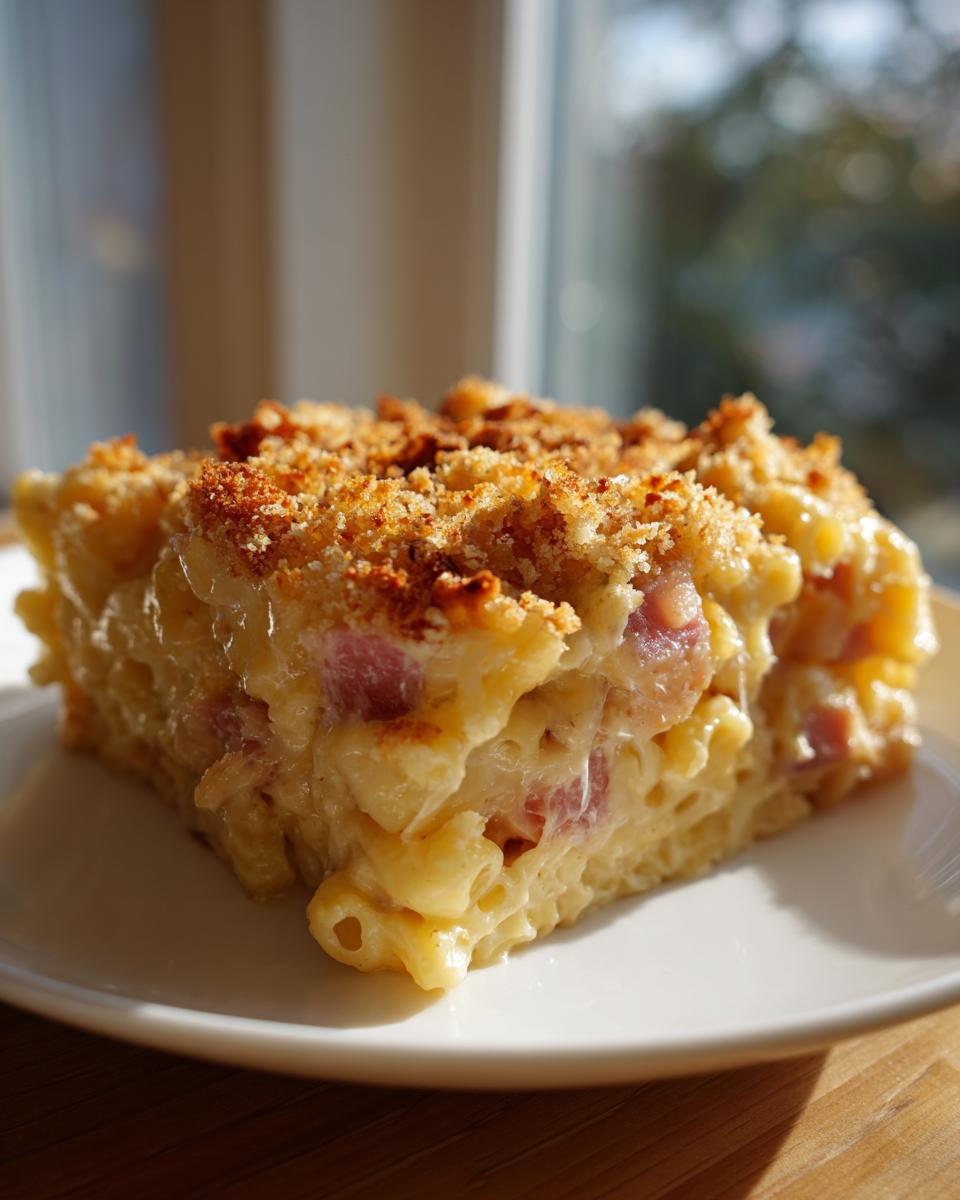 A square slice of creamy Ham and cheese casserole with visible chunks of ham and a golden, crunchy breadcrumb topping.