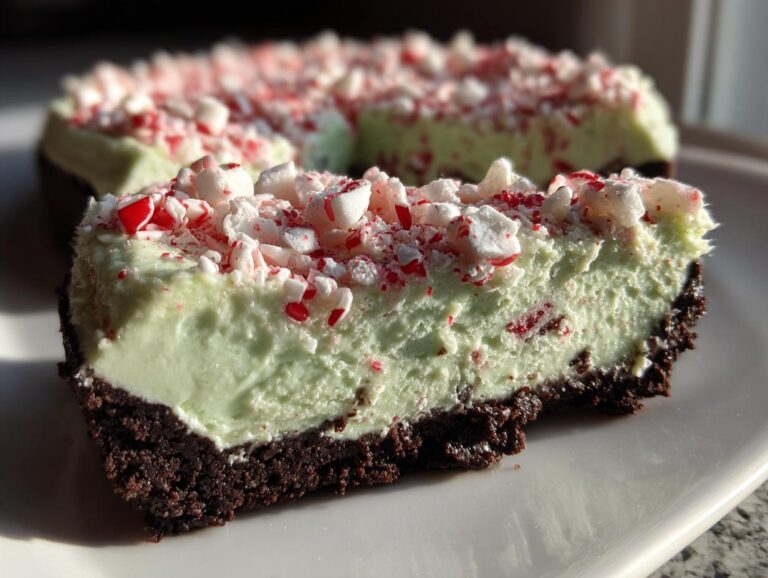 Close-up of a slice of light green peppermint cheesecake with a dark chocolate crust, topped with crushed candy canes.