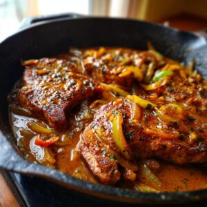 Close-up of tender smothered pork chops in a rich, savory sauce with onions and peppers in a cast iron skillet.