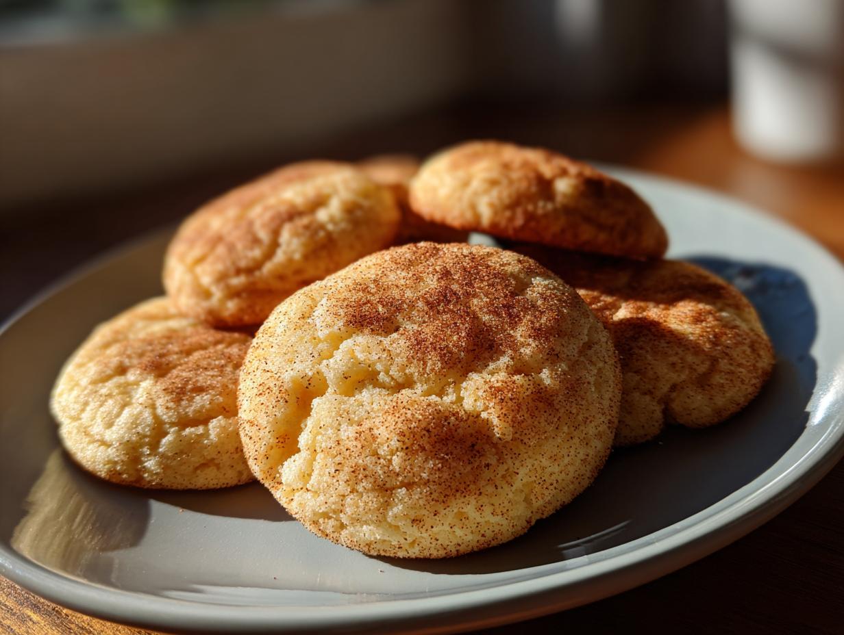 A close-up of several perfect Snickerdoodles cookies dusted with cinnamon sugar on a light gray plate.