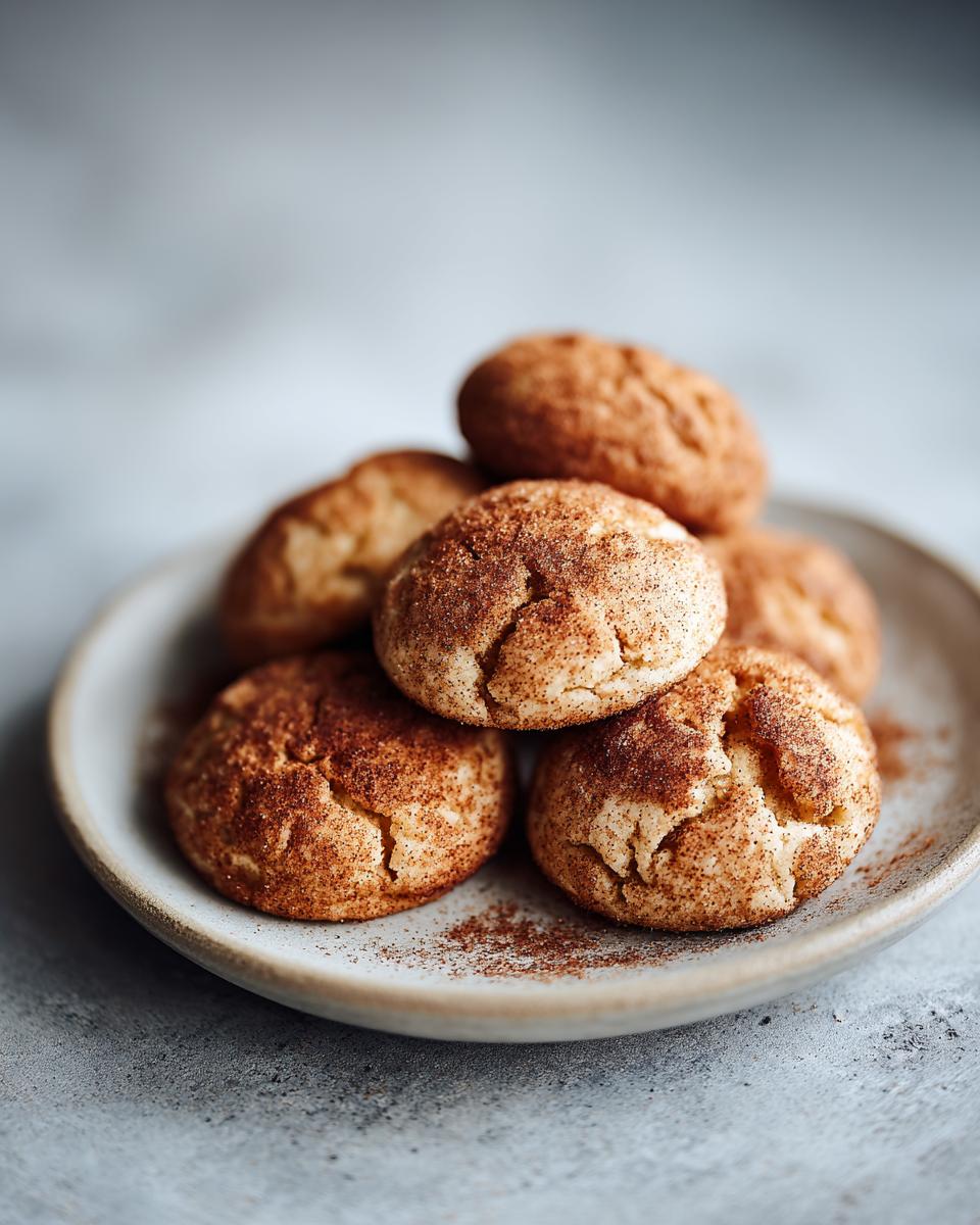 A stack of delicious Snickerdoodles cookies, coated in cinnamon sugar, on a rustic plate.