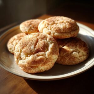 A close-up of several freshly baked Snickerdoodles piled on a plate, dusted with cinnamon sugar.