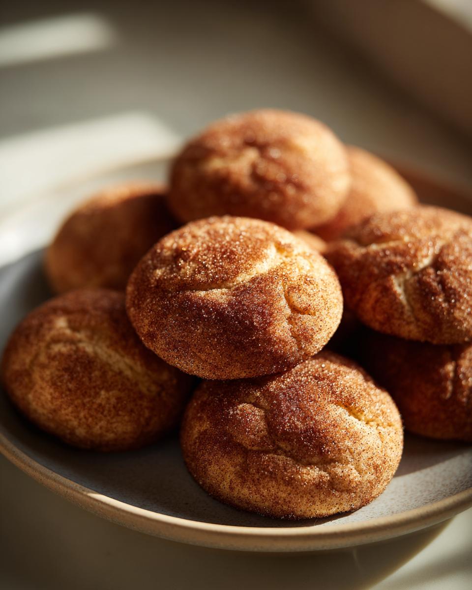 A close-up, overhead view of a pile of freshly baked snickerdoodles coated in cinnamon sugar.