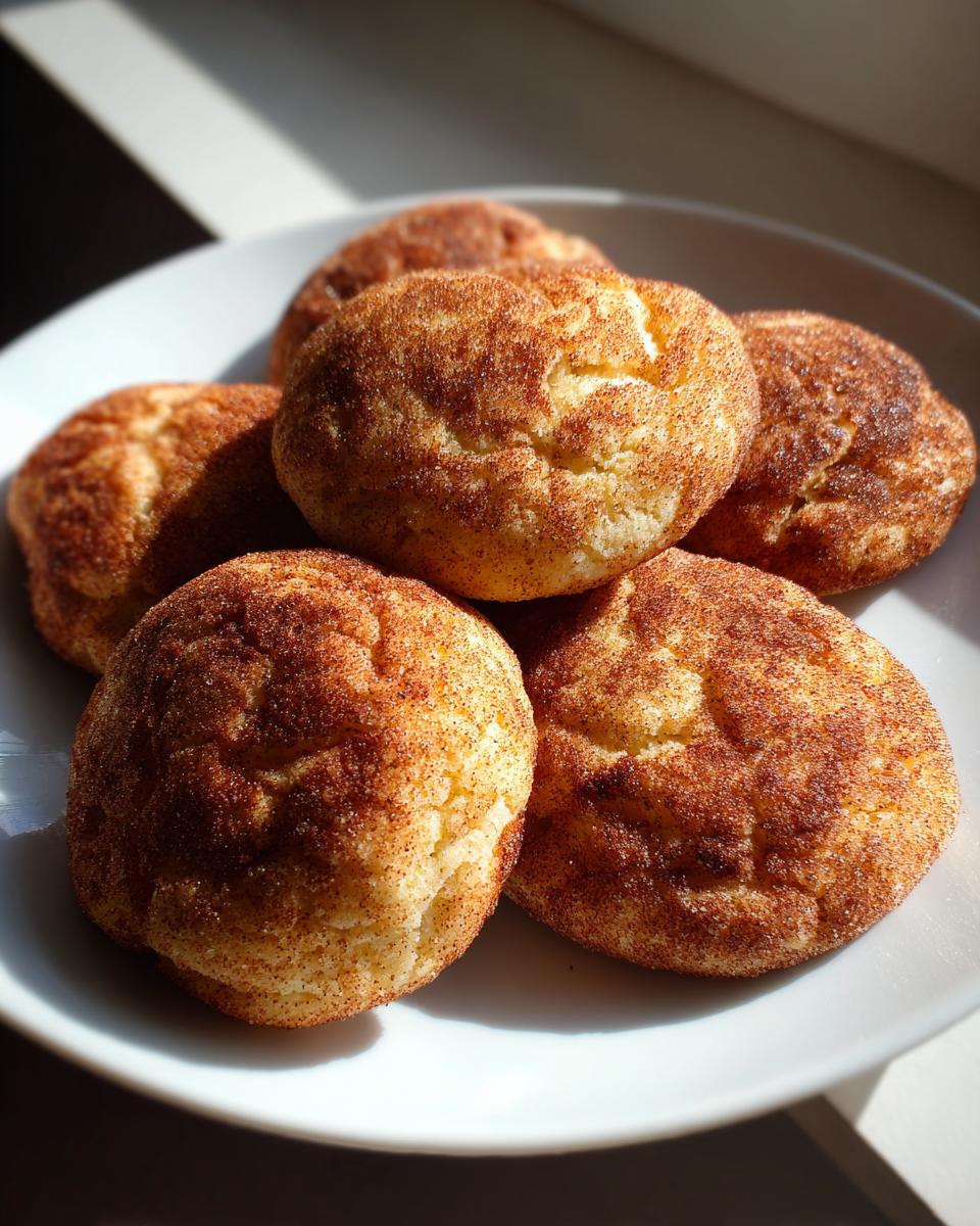 A pile of freshly baked Snickerdoodles covered in cinnamon sugar on a white plate.