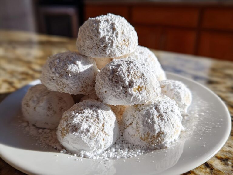 A pile of freshly baked snowball cookies generously dusted with powdered sugar.