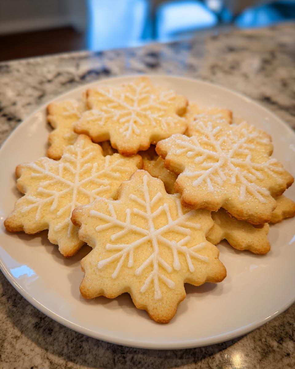 A plate of beautifully decorated snowflake sugar cookies with white icing and sparkling sugar.