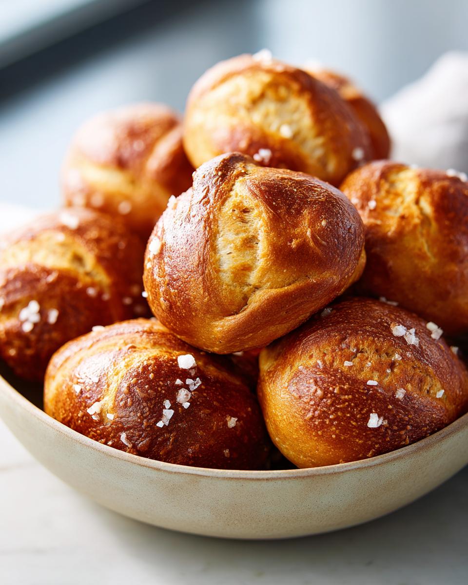 A close-up of a bowl filled with golden brown soft pretzel bites, sprinkled with coarse salt.
