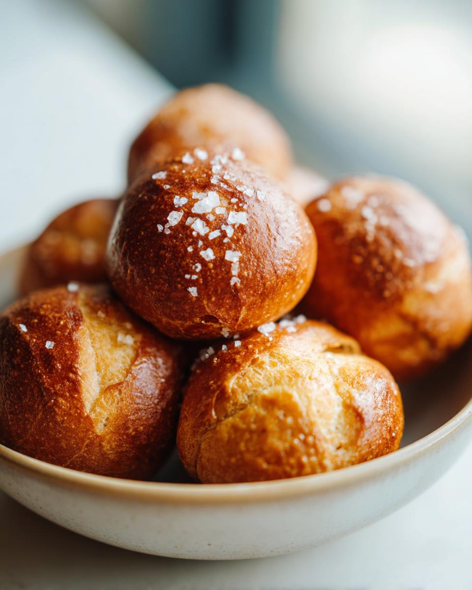 A bowl filled with golden brown soft pretzel bites, sprinkled with coarse sea salt.