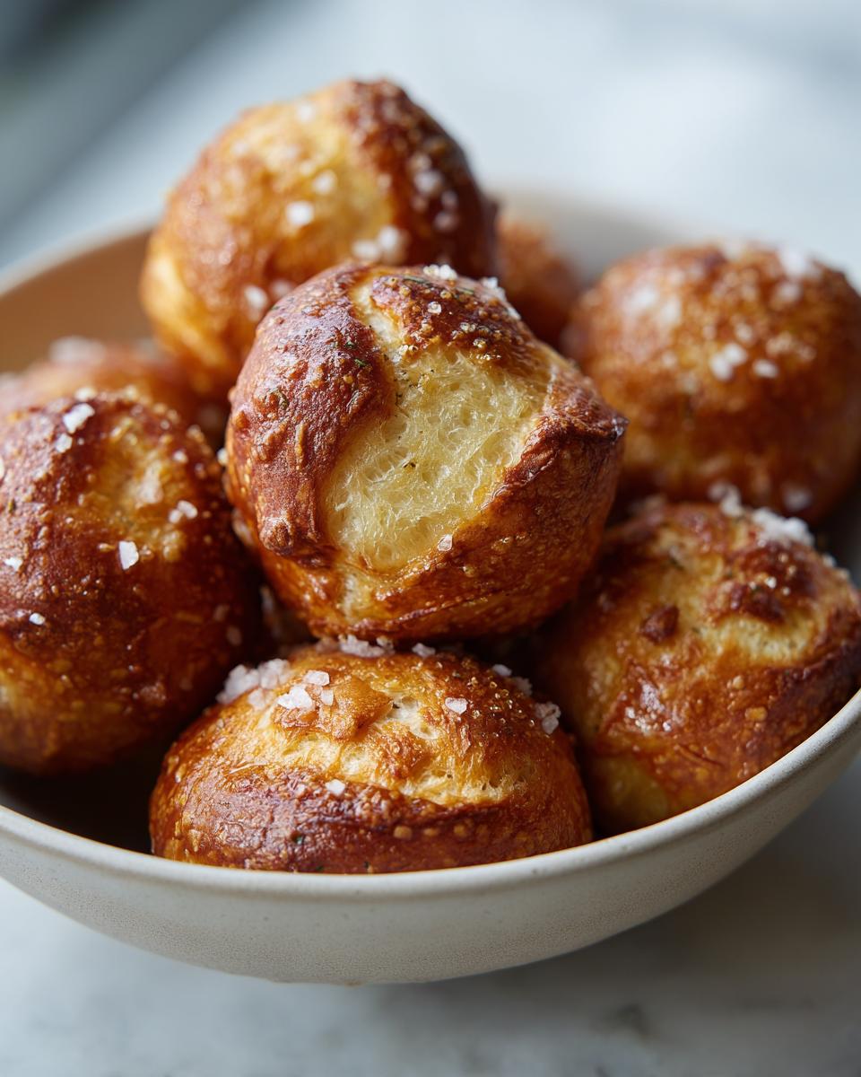 A close-up shot of a bowl filled with golden-brown soft pretzel bites sprinkled with coarse sea salt.