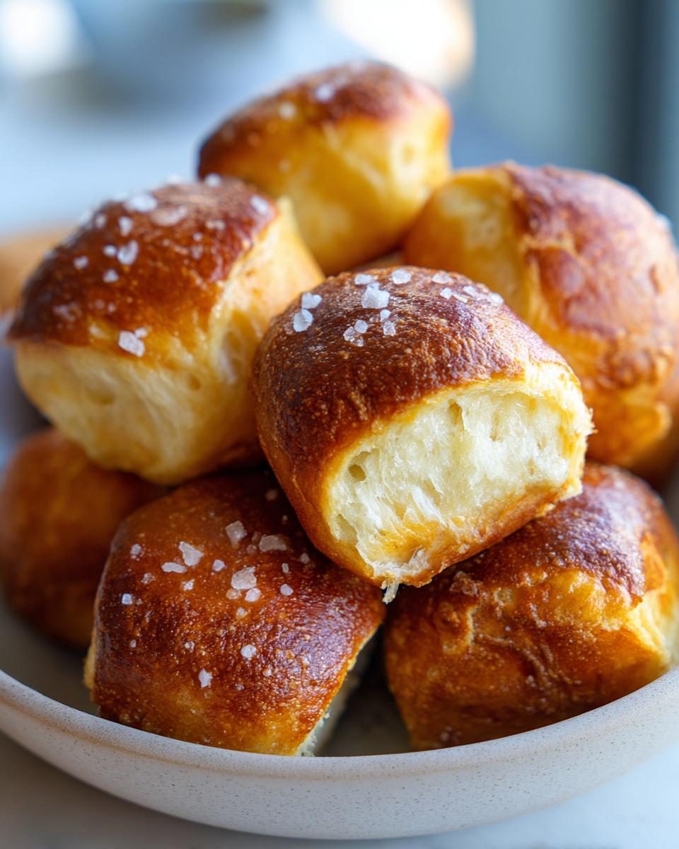 A close-up of a bowl filled with golden-brown soft pretzel bites, sprinkled with flaky sea salt.