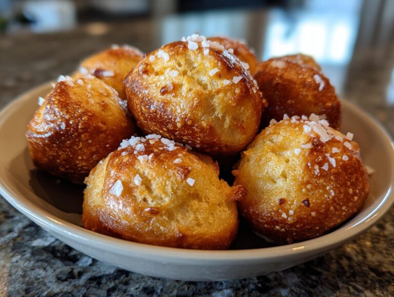 A bowl of freshly baked soft pretzel bites, golden brown and sprinkled with coarse sea salt.