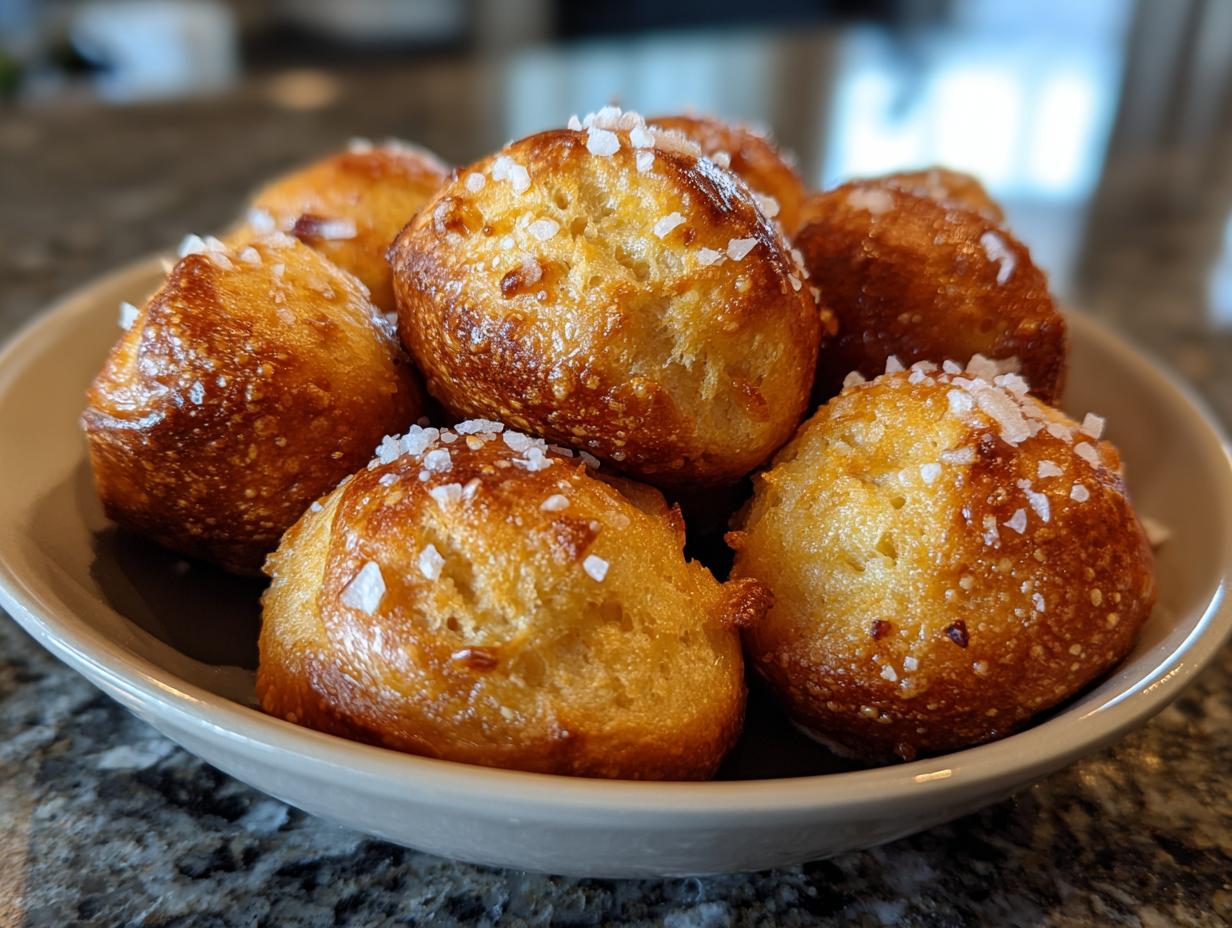 A bowl of freshly baked soft pretzel bites, golden brown and sprinkled with coarse sea salt.