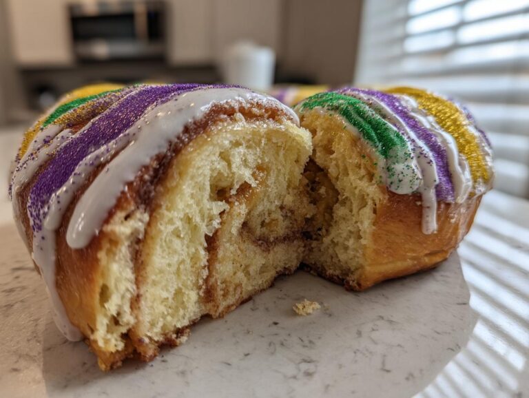Cross-section view showing the soft, fluffy interior and cinnamon swirl of a homemade King Cake.