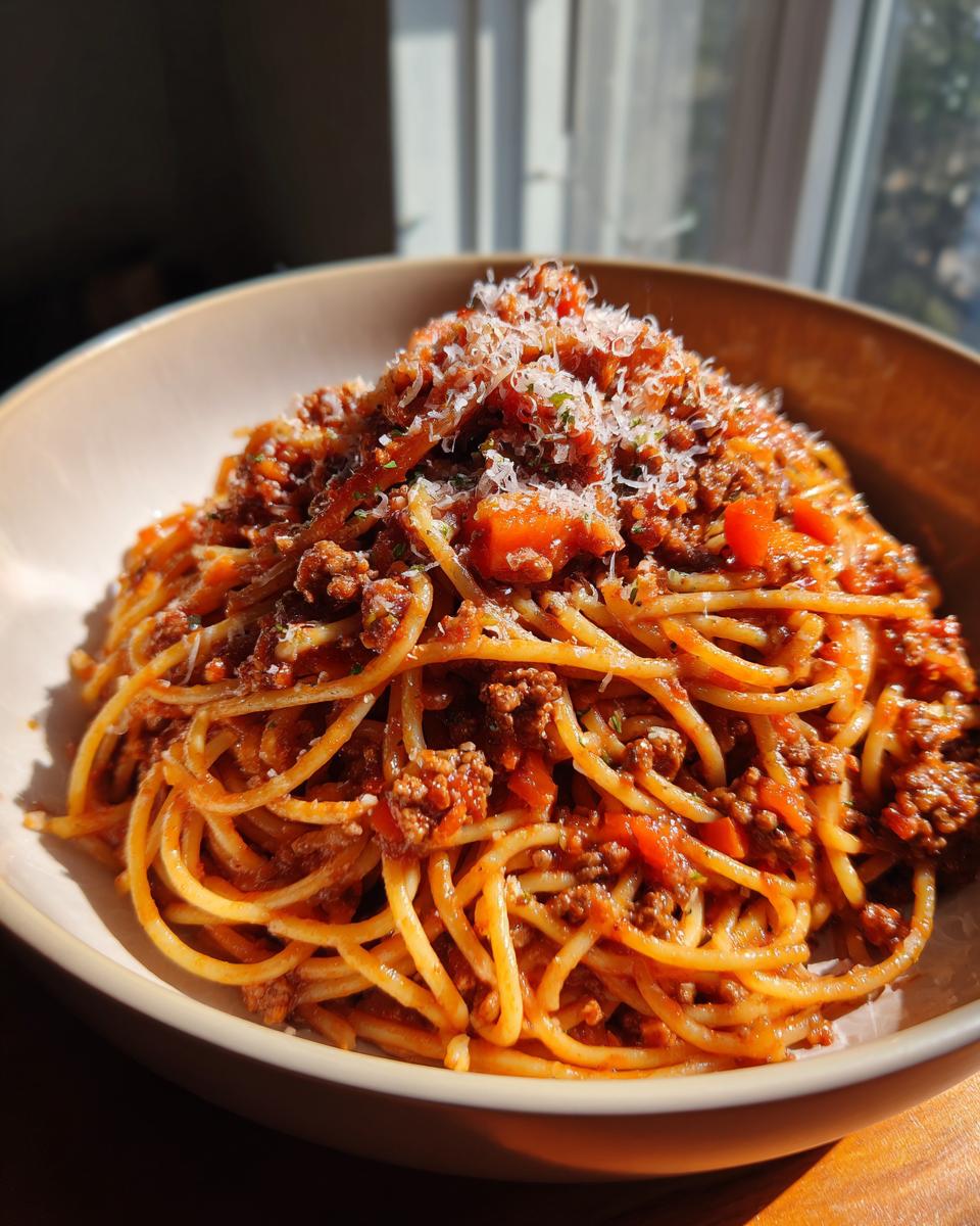 A close-up of a bowl of Spaghetti Bolognese, topped with rich meat sauce and grated Parmesan cheese.