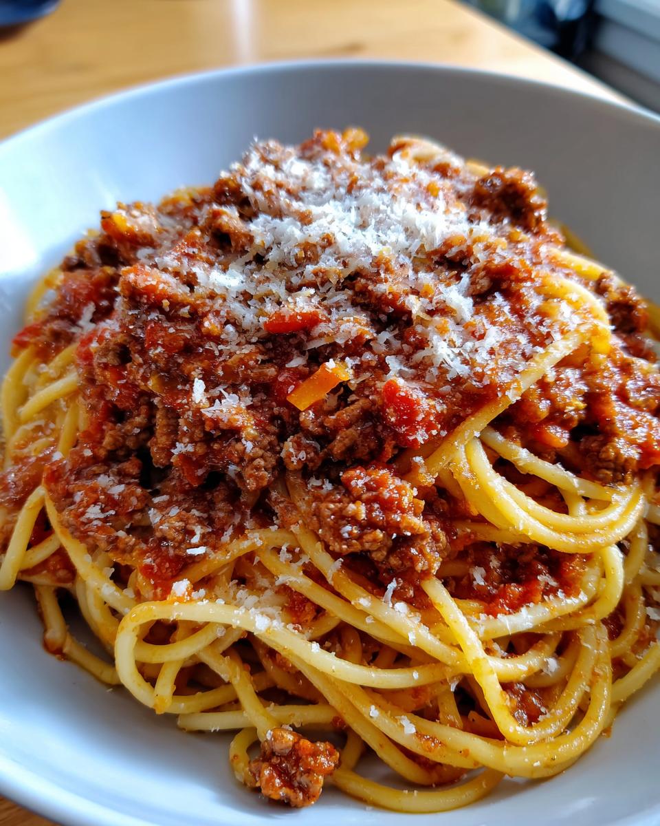 A close-up of a bowl of Spaghetti Bolognese topped with rich meat sauce and grated Parmesan cheese.