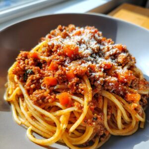 A close-up view of a bowl of Spaghetti Bolognese, topped with rich meat sauce and grated Parmesan cheese.